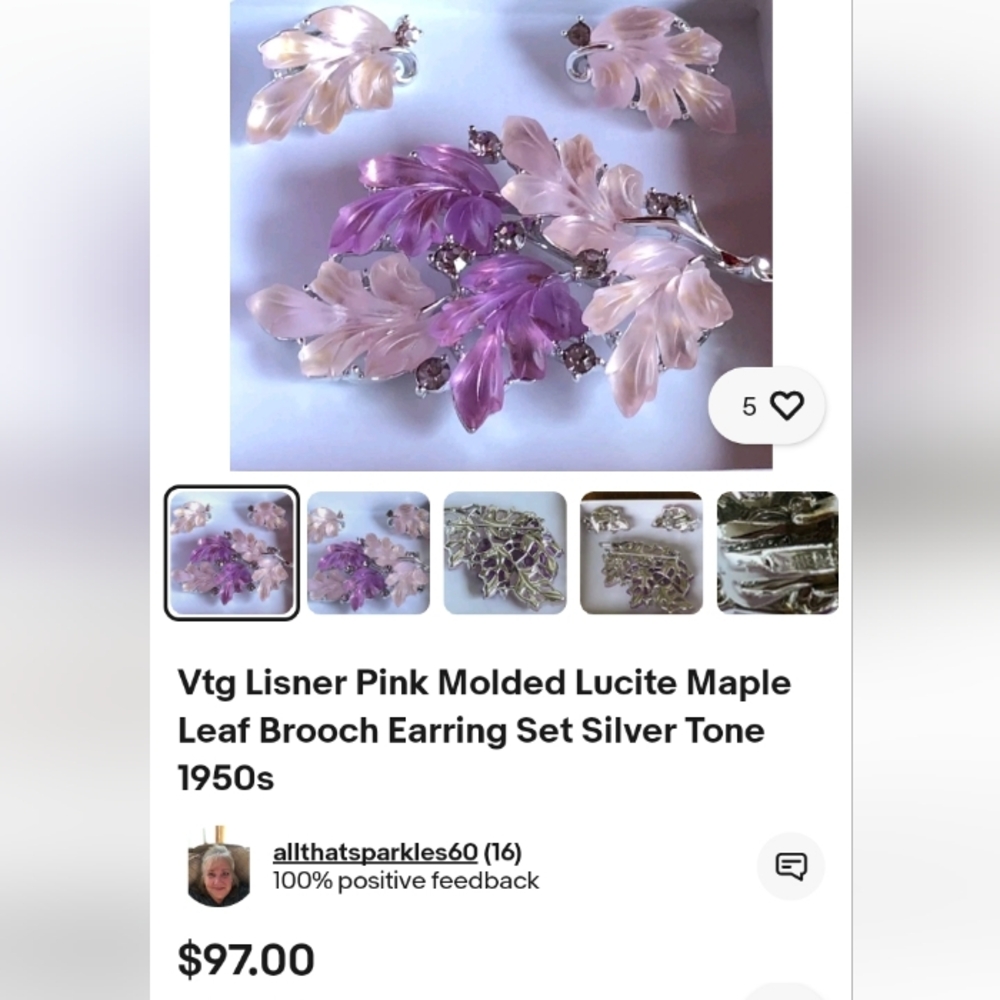 Lisner 1950's Signed Pink Molded Lucite Clip-On Earrings & Brooch (Set Of 3) - Picture 10 of 10